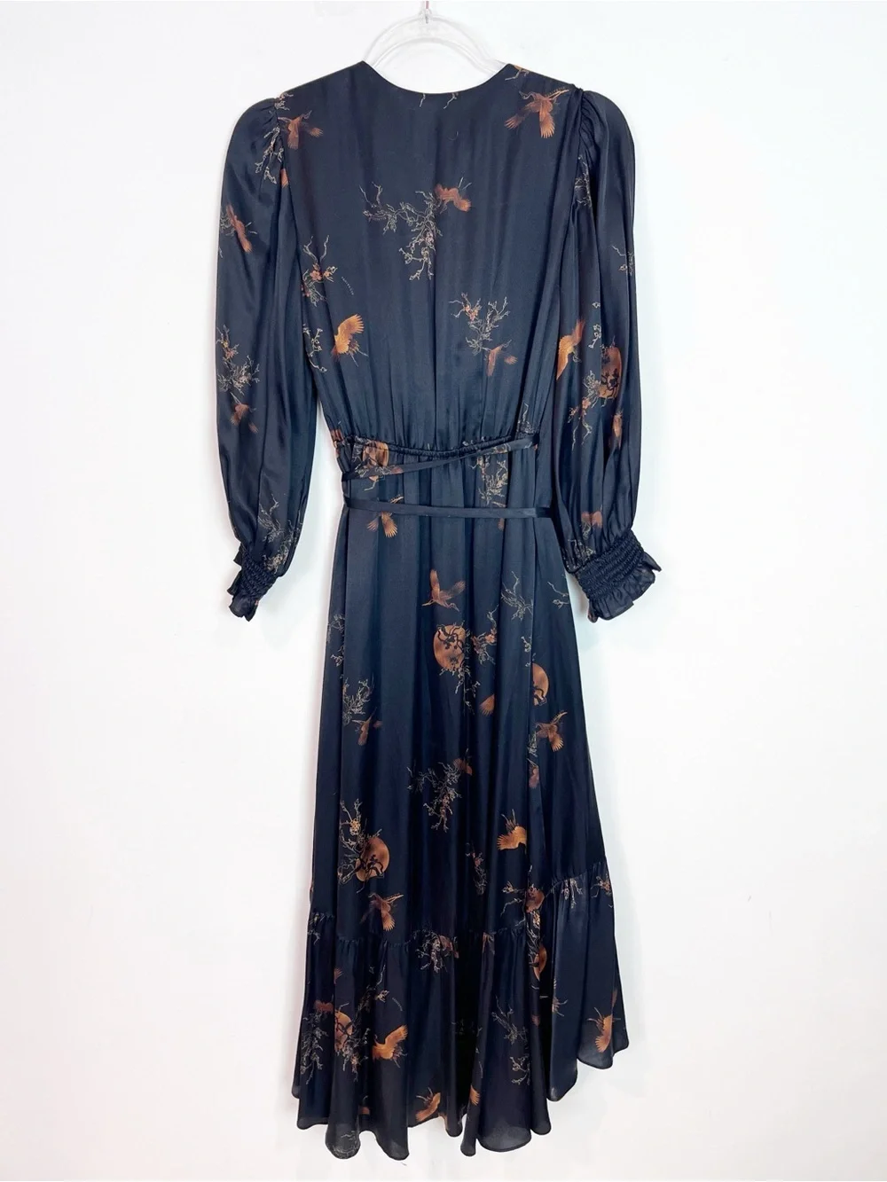 ALL SAINTS ADELAIDE AURORA BLACK WRAP MIDI DRESS BROWN BIRD BRANCHES PRINT SZ 4 - Picture 5 of 9